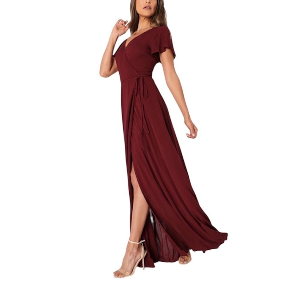 Lulus Maxi Dress Burgundy Red Flutter Sleeve High Slit Heart Of Marigold Medium